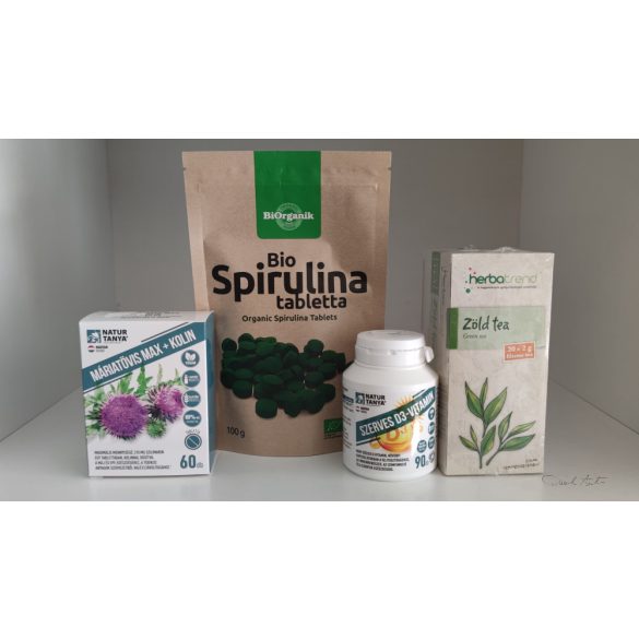 Méregtelenítő csomag - Máriatövis, Spirulina, D3-vitamin + ajándék Zöld tea