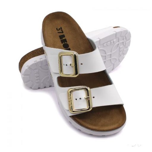 6010 LEON COMFORT NŐI BŐR PAPUCS-fehér bakkar