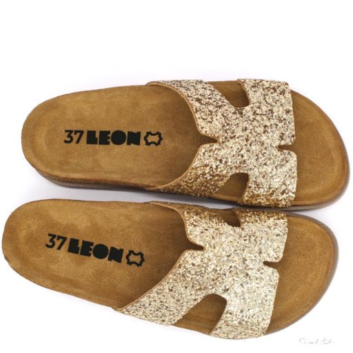 7030 LEON COMFORT NŐI BŐR PAPUCS-arany csillogós