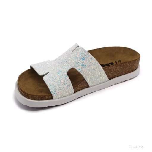 7030 LEON COMFORT NŐI BŐR PAPUCS-fehér csillogós