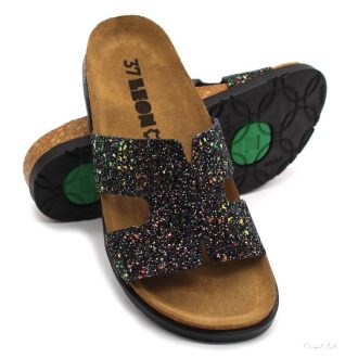 7030 LEON COMFORT NŐI BŐR PAPUCS-fekete csillogós