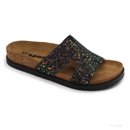 7030 LEON COMFORT NŐI BŐR PAPUCS-fekete csillogós