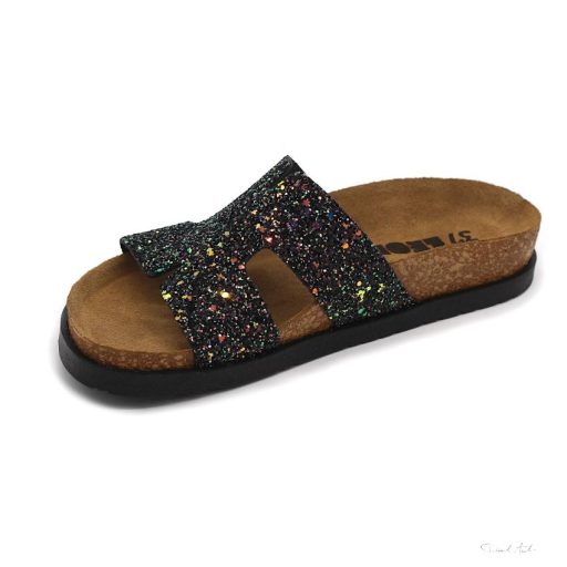 7030 LEON COMFORT NŐI BŐR PAPUCS-fekete csillogós