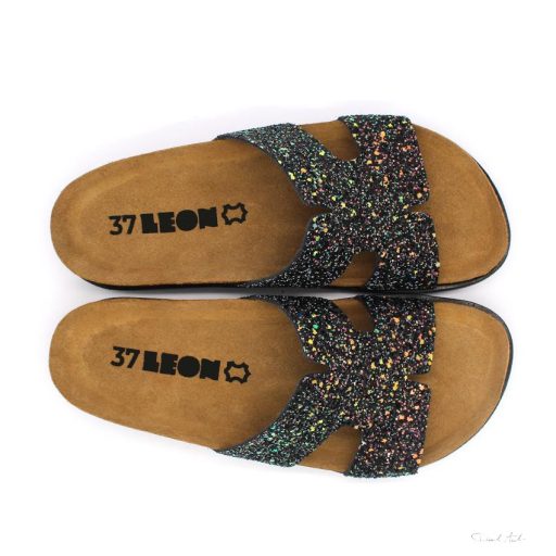 7030 LEON COMFORT NŐI BŐR PAPUCS-fekete csillogós