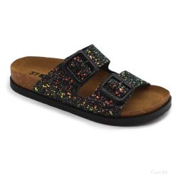 7011 LEON COMFORT NŐI BŐR PAPUCS-fekete csillogós