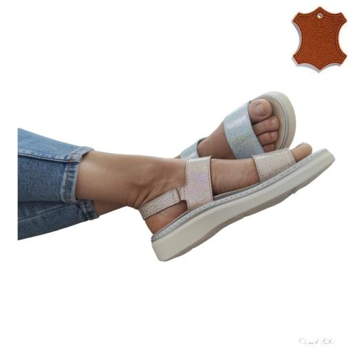 LEDI Anatomic | Női bőr szandál 010/LV1 | világoskék csillogó | tépőzáras | kivehető cserélhető talpbetét