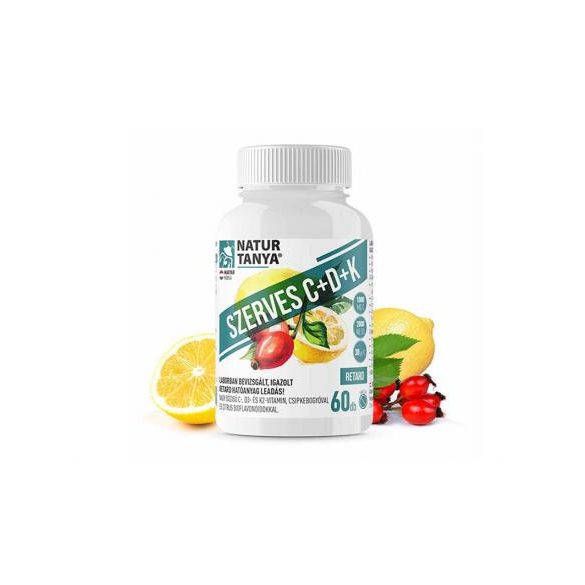 Natur Tanya® 1000 mg Retard C-vitamint, D3- és K2-vitaminokat, valamint csipkebogyó kivonatot és citrus bioflavonoidokat tartalmazó, szerves, nyújtott felszívódású tabletta 60x