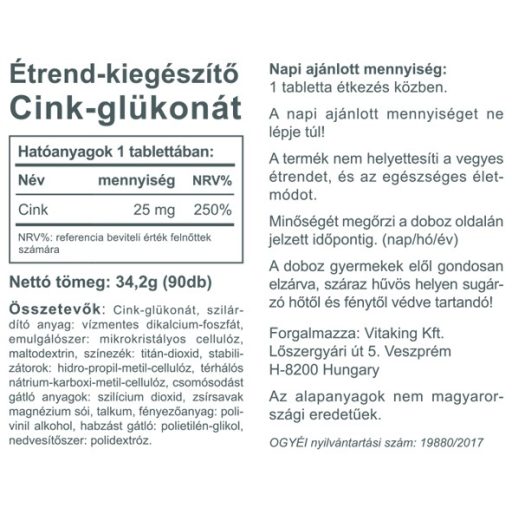 Vitaking Cink glükonát 25 mg 90db