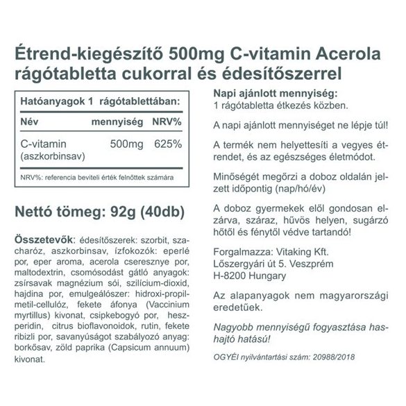 Vitaking Acerola C-500 rágótabletta EPRES 40 x